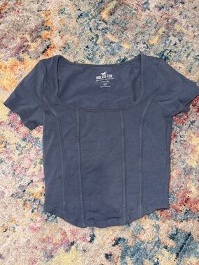 Hollister Navy Scoop Neck Short Sleeve Top with Seamed Detailing